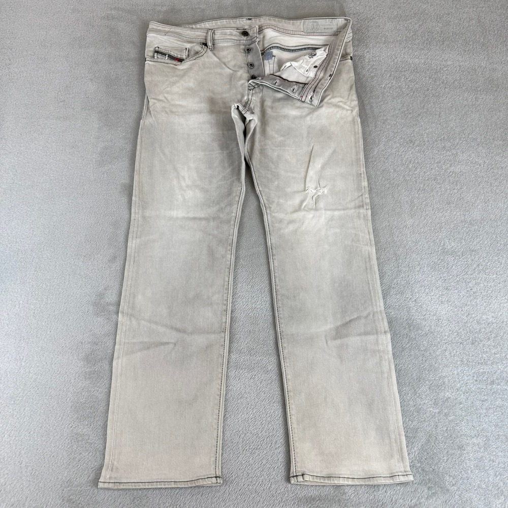 Diesel Buster Slim Tapered Jeans Mens 34x31 Gray Distressed Button Fly Stretch